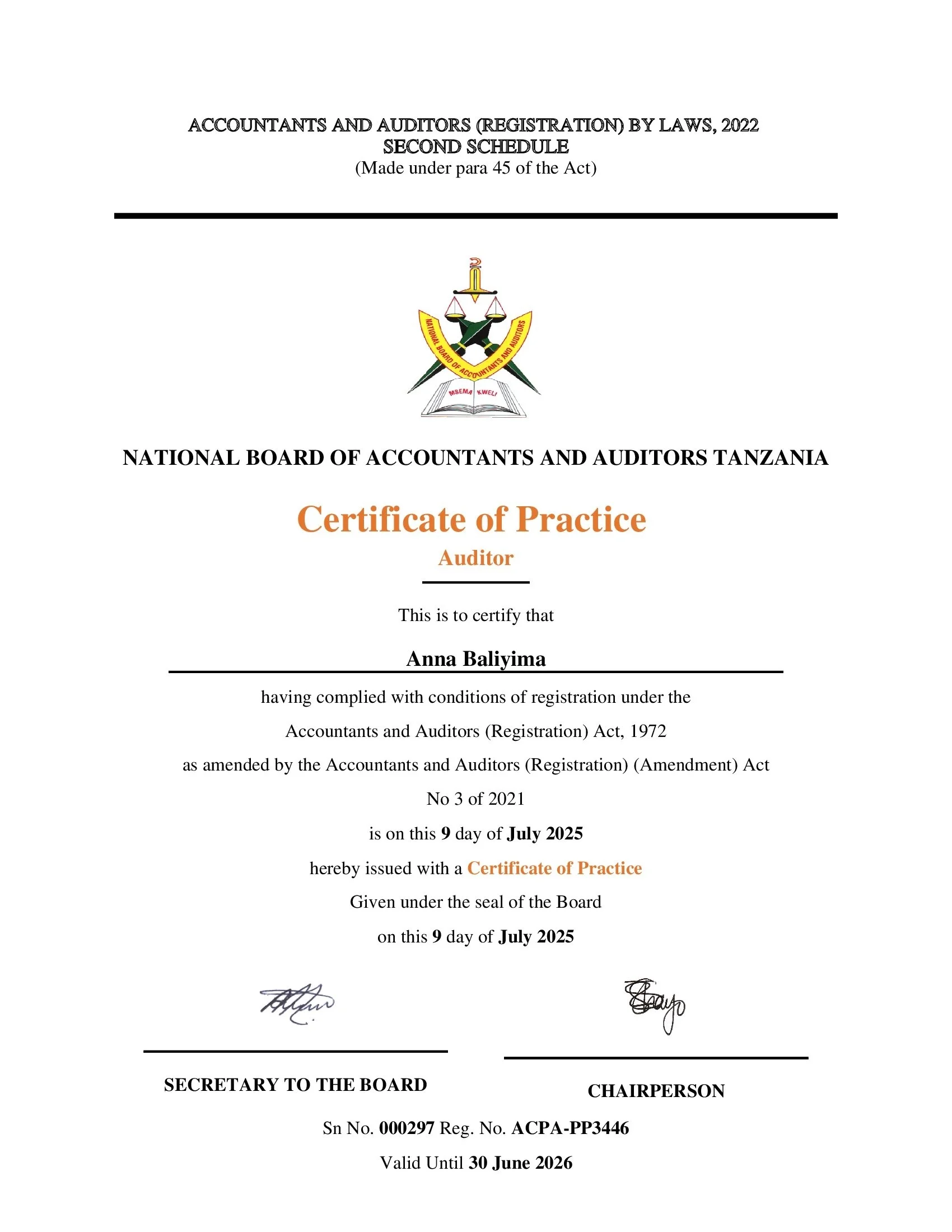 NBAA Certificate of Practice - Auditor